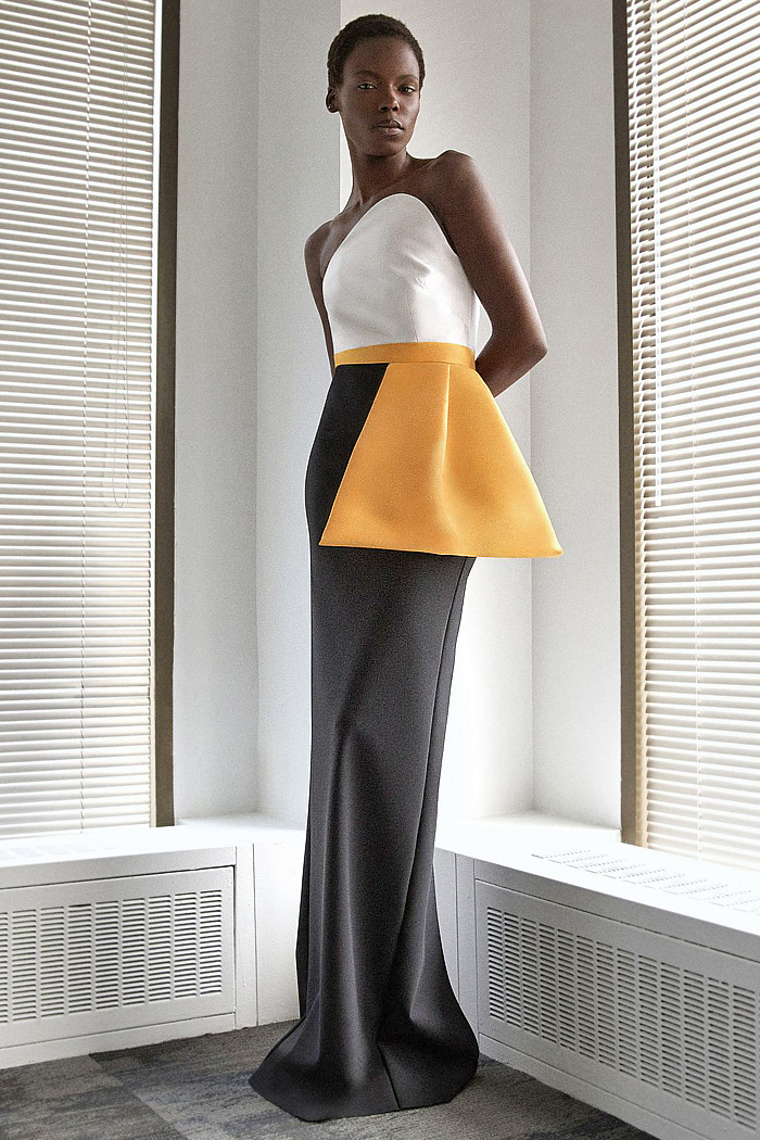 Greta Constantine 2026 Spring Summer Womens at NYFW - coveralls, sequins, flare, sheer, embroidered swirls, ruffles, peplum, cape