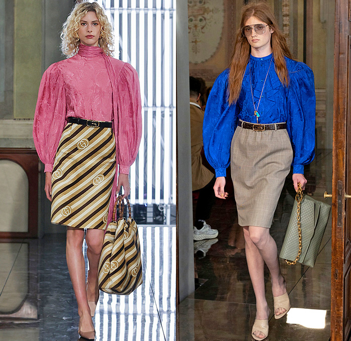 Gucci 2026 Resort Cruise Pre-Spring Womens Runway Collection - Retro Classic Leg O'Mutton Sleeves Blouse Office Check Suede Ribbon Paintbrush Flowers Floral Dress Scarf Fur Plush Outerwear Trench Coat Leather Pencil Skirt Stripes Monogram Logo Lace Embroidery Mesh Sheer Tights Stockings Studs Studded Teal Cinch Pleats Tied Knot Feathers Bedazzled Sequins Giglio Handbag