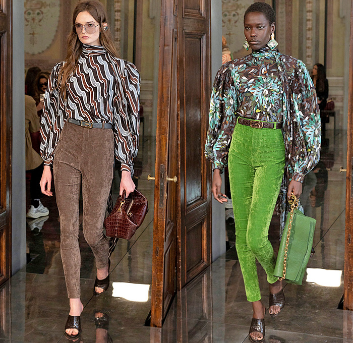 Gucci 2026 Resort Cruise Pre-Spring Womens Runway Collection - Retro Classic Leg O'Mutton Sleeves Blouse Office Check Suede Ribbon Paintbrush Flowers Floral Dress Scarf Fur Plush Outerwear Trench Coat Leather Pencil Skirt Stripes Monogram Logo Lace Embroidery Mesh Sheer Tights Stockings Studs Studded Teal Cinch Pleats Tied Knot Feathers Bedazzled Sequins Giglio Handbag