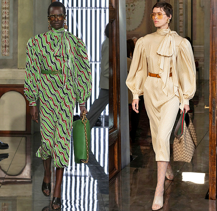 Gucci 2026 Resort Cruise Pre-Spring Womens Runway Collection - Retro Classic Leg O'Mutton Sleeves Blouse Office Check Suede Ribbon Paintbrush Flowers Floral Dress Scarf Fur Plush Outerwear Trench Coat Leather Pencil Skirt Stripes Monogram Logo Lace Embroidery Mesh Sheer Tights Stockings Studs Studded Teal Cinch Pleats Tied Knot Feathers Bedazzled Sequins Giglio Handbag