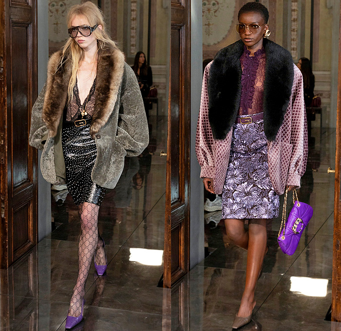 Gucci 2026 Resort Cruise Pre-Spring Womens Runway Collection - Retro Classic Leg O'Mutton Sleeves Blouse Office Check Suede Ribbon Paintbrush Flowers Floral Dress Scarf Fur Plush Outerwear Trench Coat Leather Pencil Skirt Stripes Monogram Logo Lace Embroidery Mesh Sheer Tights Stockings Studs Studded Teal Cinch Pleats Tied Knot Feathers Bedazzled Sequins Giglio Handbag