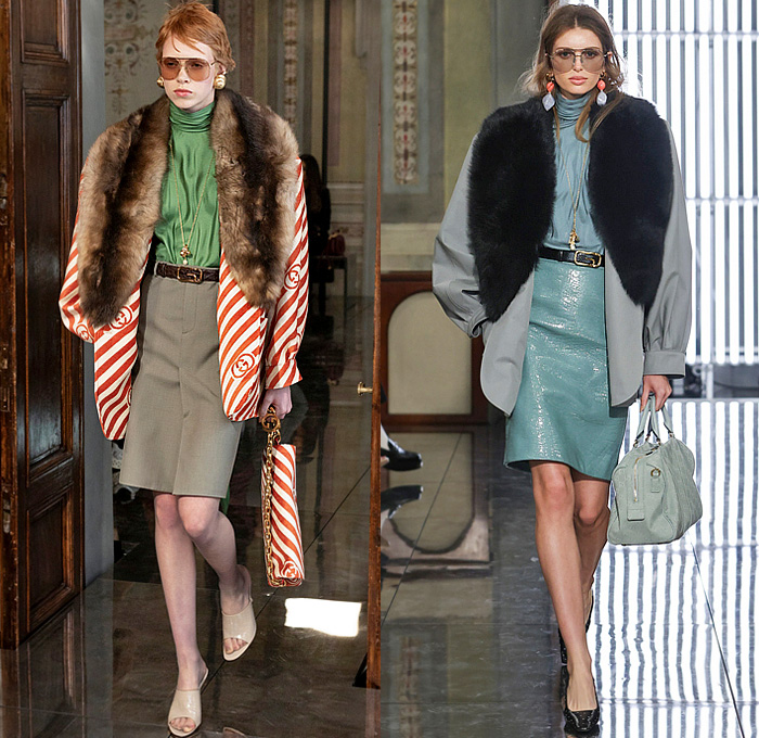 Gucci 2026 Resort Cruise Pre-Spring Womens Runway Collection - Retro Classic Leg O'Mutton Sleeves Blouse Office Check Suede Ribbon Paintbrush Flowers Floral Dress Scarf Fur Plush Outerwear Trench Coat Leather Pencil Skirt Stripes Monogram Logo Lace Embroidery Mesh Sheer Tights Stockings Studs Studded Teal Cinch Pleats Tied Knot Feathers Bedazzled Sequins Giglio Handbag