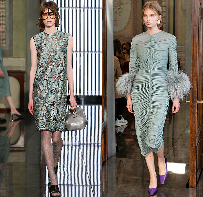 Gucci 2026 Resort Cruise Pre-Spring Womens Runway Collection - Retro Classic Leg O'Mutton Sleeves Blouse Office Check Suede Ribbon Paintbrush Flowers Floral Dress Scarf Fur Plush Outerwear Trench Coat Leather Pencil Skirt Stripes Monogram Logo Lace Embroidery Mesh Sheer Tights Stockings Studs Studded Teal Cinch Pleats Tied Knot Feathers Bedazzled Sequins Giglio Handbag