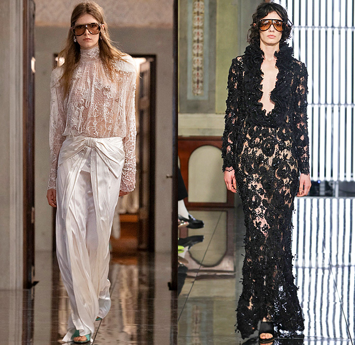 Gucci 2026 Resort Cruise Pre-Spring Womens Runway Collection - Retro Classic Leg O'Mutton Sleeves Blouse Office Check Suede Ribbon Paintbrush Flowers Floral Dress Scarf Fur Plush Outerwear Trench Coat Leather Pencil Skirt Stripes Monogram Logo Lace Embroidery Mesh Sheer Tights Stockings Studs Studded Teal Cinch Pleats Tied Knot Feathers Bedazzled Sequins Giglio Handbag