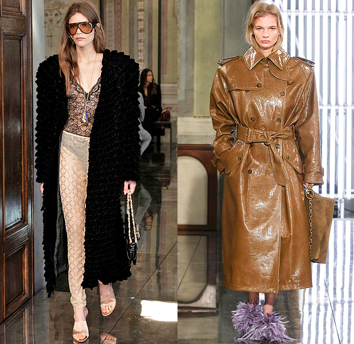 Gucci 2026 Resort Cruise Pre-Spring Womens Runway Collection - Retro Classic Leg O'Mutton Sleeves Blouse Office Check Suede Ribbon Paintbrush Flowers Floral Dress Scarf Fur Plush Outerwear Trench Coat Leather Pencil Skirt Stripes Monogram Logo Lace Embroidery Mesh Sheer Tights Stockings Studs Studded Teal Cinch Pleats Tied Knot Feathers Bedazzled Sequins Giglio Handbag