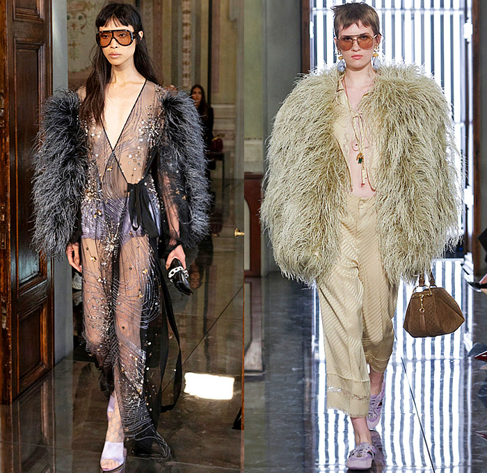 Gucci 2026 Resort Cruise Pre-Spring Womens Runway Collection - Retro Classic Leg O'Mutton Sleeves Blouse Office Check Suede Ribbon Paintbrush Flowers Floral Dress Scarf Fur Plush Outerwear Trench Coat Leather Pencil Skirt Stripes Monogram Logo Lace Embroidery Mesh Sheer Tights Stockings Studs Studded Teal Cinch Pleats Tied Knot Feathers Bedazzled Sequins Giglio Handbag