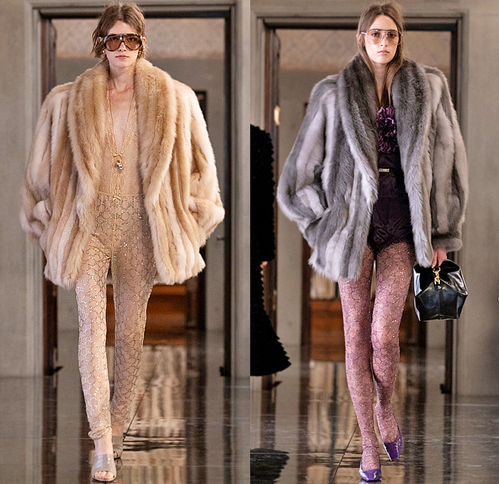 Gucci 2026 Resort Cruise Pre-Spring Womens Runway Collection - Retro Classic Leg O'Mutton Sleeves Blouse Office Check Suede Ribbon Paintbrush Flowers Floral Dress Scarf Fur Plush Outerwear Trench Coat Leather Pencil Skirt Stripes Monogram Logo Lace Embroidery Mesh Sheer Tights Stockings Studs Studded Teal Cinch Pleats Tied Knot Feathers Bedazzled Sequins Giglio Handbag