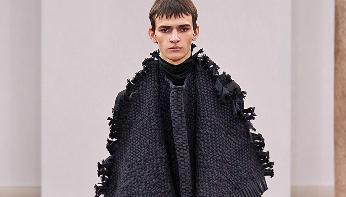 Institution By Galib Gassanoff 2026 Spring Summer Mens at MFW - basket weave, shoelace fringes, sheer, rug carpet, high shoulders