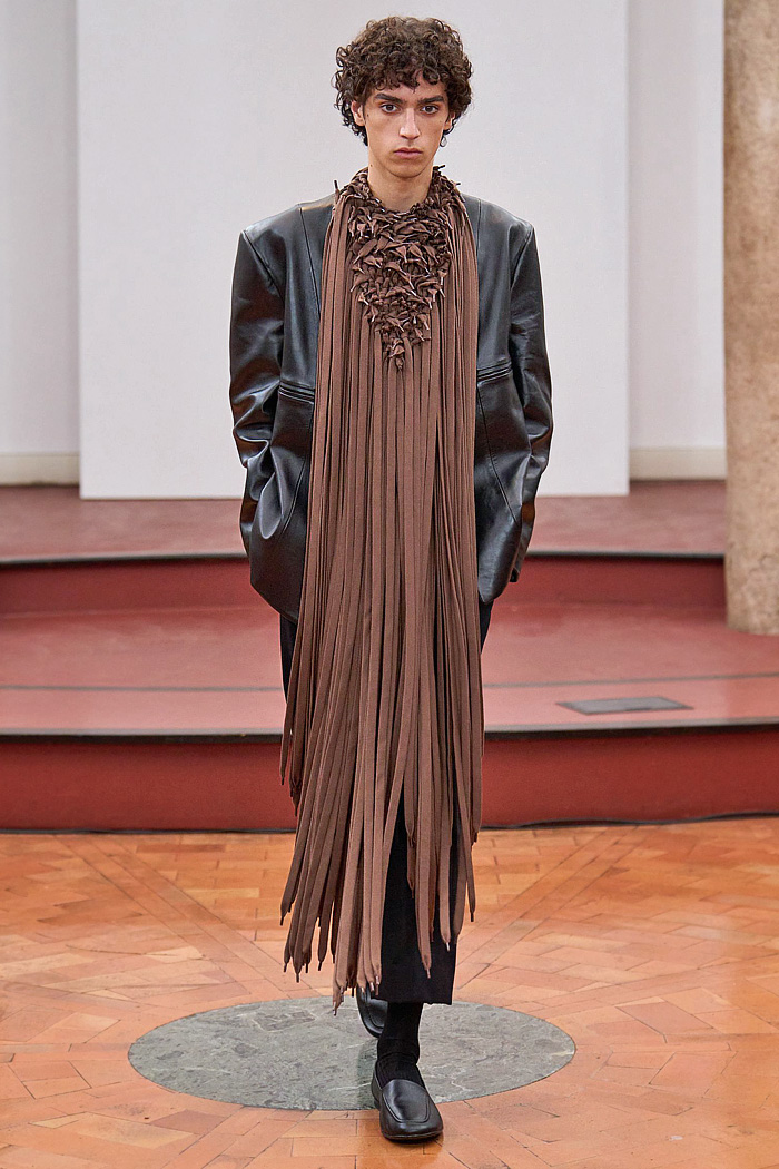 Institution By Galib Gassanoff 2026 Spring Summer Mens at MFW - basket weave, shoelace fringes, sheer, rug carpet, high shoulders