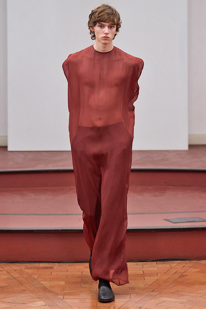 Institution By Galib Gassanoff 2026 Spring Summer Mens at MFW - basket weave, shoelace fringes, sheer, rug carpet, high shoulders