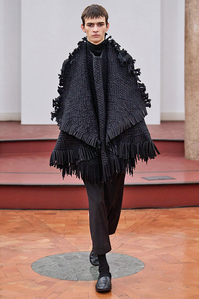 Institution By Galib Gassanoff 2026 Spring Summer Mens at MFW - basket weave, shoelace fringes, sheer, rug carpet, high shoulders