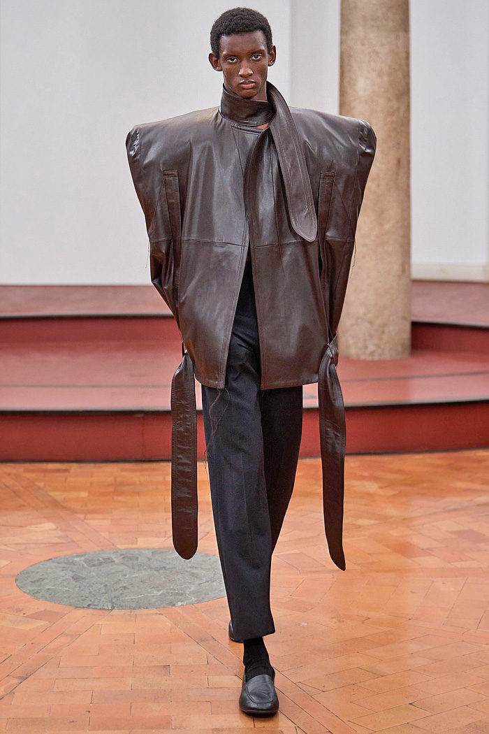 Institution By Galib Gassanoff 2026 Spring Summer Mens at MFW - basket weave, shoelace fringes, sheer, rug carpet, high shoulders