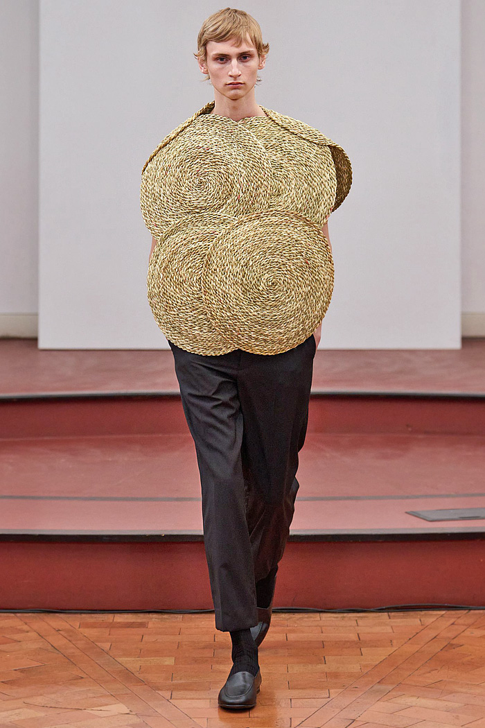 Institution By Galib Gassanoff 2026 Spring Summer Mens at MFW - basket weave, shoelace fringes, sheer, rug carpet, high shoulders