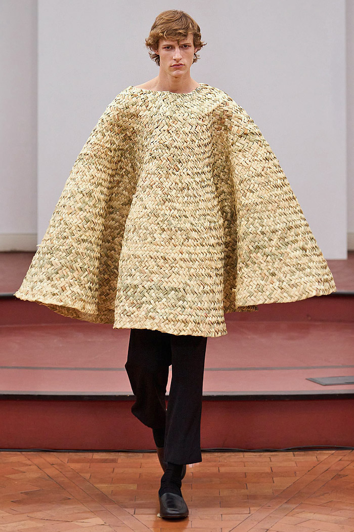 Institution By Galib Gassanoff 2026 Spring Summer Mens at MFW - basket weave, shoelace fringes, sheer, rug carpet, high shoulders