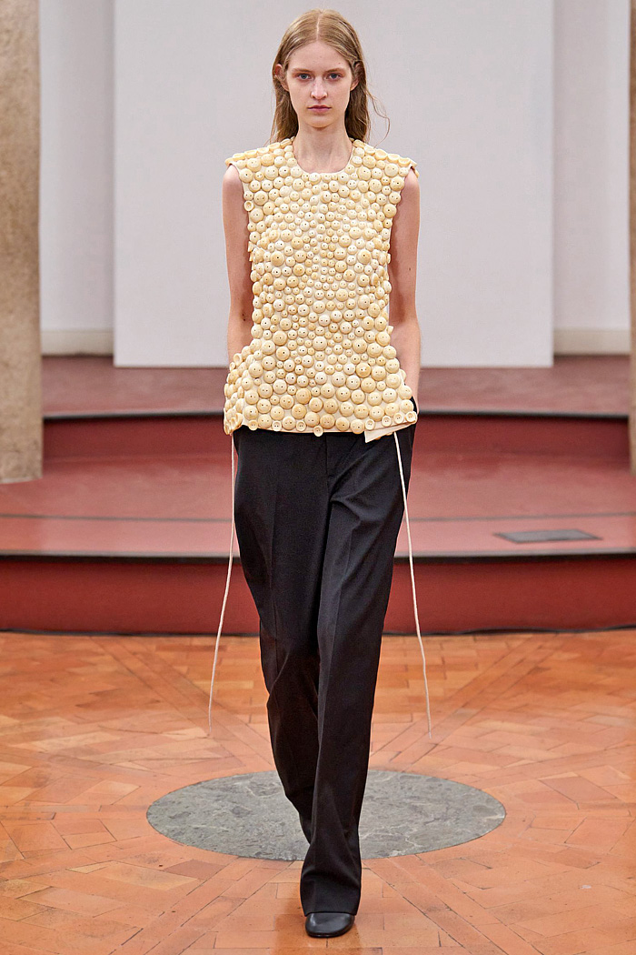 Institution By Galib Gassanoff 2026 Spring Summer Womens at MFW - basket weave, shoelace fringes, buttons, cameras, high shoulders