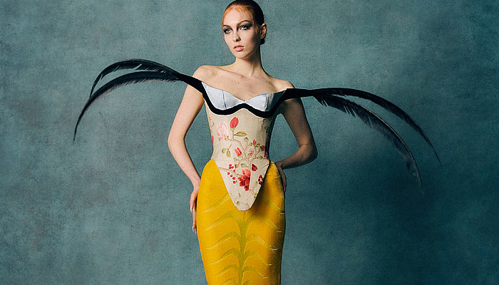 Harris Reed 2026 Spring Summer Womens LFW The Aviary - gowns, caged, corset, foliage, wisteria, birds, velvet, feathers, platforms