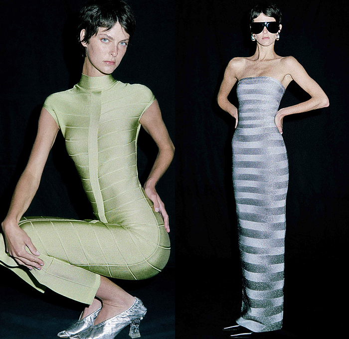 Hervé Léger 2026 Resort Cruise Pre-Spring Womens Lookbook - Body Contour Bandage Dress Mockneck Metallic Silk Strapless Shapewear One Shoulder Cinch Pleats Grommets Dots Strings Threads Fringes Halterneck Pencil Skirt Basketweave Tights Stockings Heels