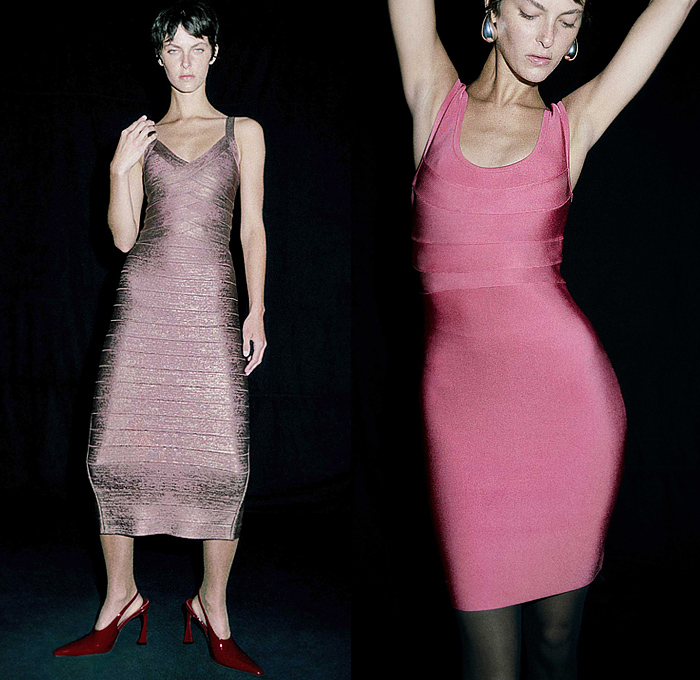 Hervé Léger 2026 Resort Cruise Pre-Spring Womens Lookbook - Body Contour Bandage Dress Mockneck Metallic Silk Strapless Shapewear One Shoulder Cinch Pleats Grommets Dots Strings Threads Fringes Halterneck Pencil Skirt Basketweave Tights Stockings Heels