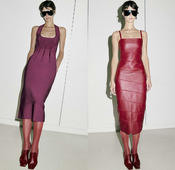 Hervé Léger 2026 Resort Cruise Pre-Spring Womens Lookbook - Body Contour Bandage Dress Mockneck Metallic Silk Strapless Shapewear One Shoulder Cinch Pleats Grommets Dots Strings Threads Fringes Halterneck Pencil Skirt Basketweave Tights Stockings Heels