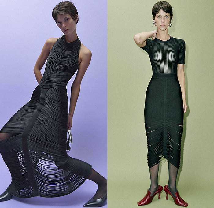 Hervé Léger 2026 Resort Cruise Pre-Spring Womens Lookbook - Body Contour Bandage Dress Mockneck Metallic Silk Strapless Shapewear One Shoulder Cinch Pleats Grommets Dots Strings Threads Fringes Halterneck Pencil Skirt Basketweave Tights Stockings Heels