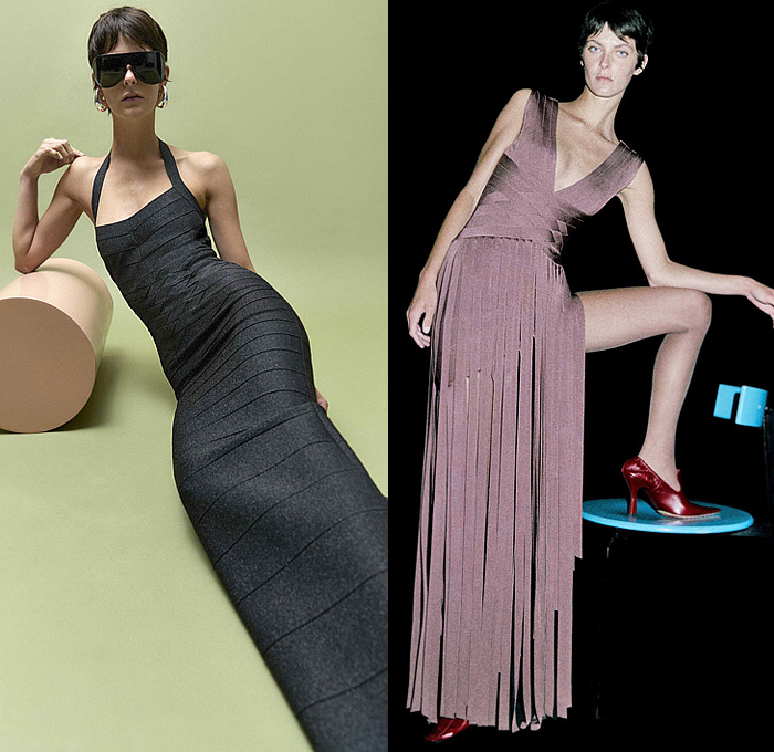 Hervé Léger 2026 Resort Cruise Pre-Spring Womens Lookbook - Body Contour Bandage Dress Mockneck Metallic Silk Strapless Shapewear One Shoulder Cinch Pleats Grommets Dots Strings Threads Fringes Halterneck Pencil Skirt Basketweave Tights Stockings Heels