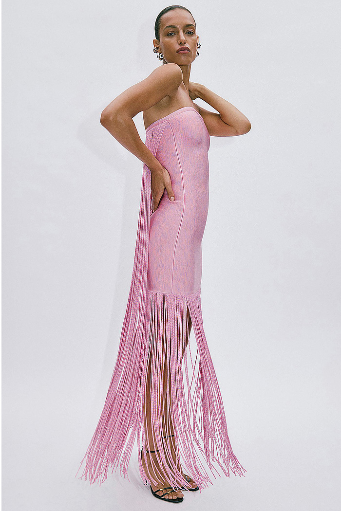 Hervé Léger 2026 Spring Summer Womens at NYFW showed bodycon bandage dress, sheer wraps, stripes, shirred waist, disco fringes