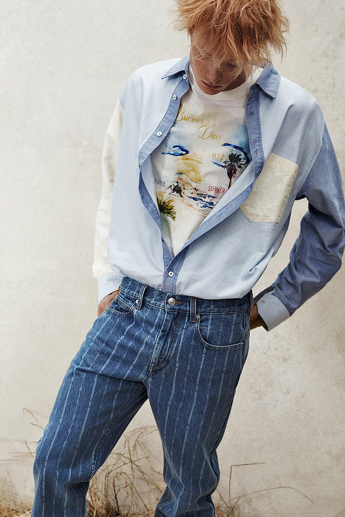 Isabel Marant 2026 Spring Summer Menswear – Ibiza, tribal, denim jackets, striped jeans, knit hoodies, fleece, leaves, camp shirts