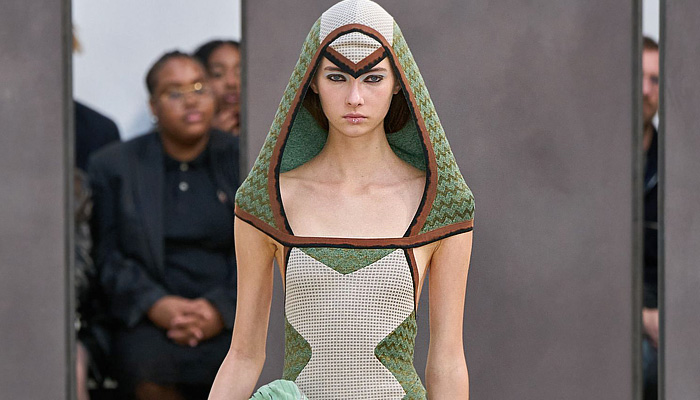 Kiko Kostadinov 2026 Spring Summer Womens at Paris - diamond knits, patchwork, cutouts, gladiator flats, pyramid hood, bricolage