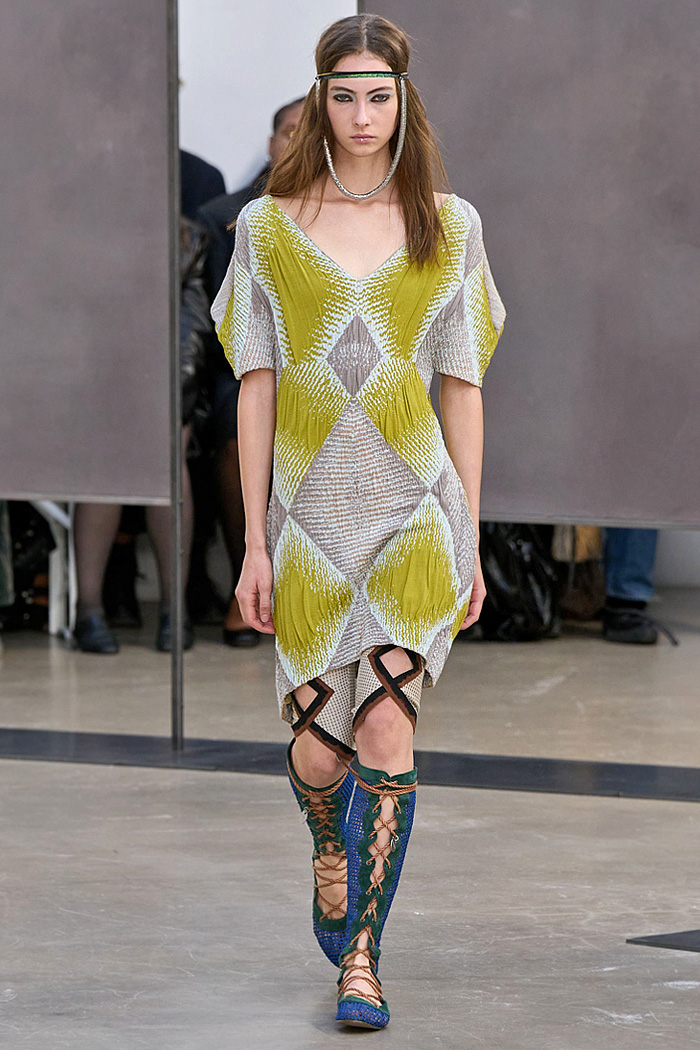 Kiko Kostadinov 2026 Spring Summer Womens at Paris - diamond knits, patchwork, cutouts, gladiator flats, pyramid hood, bricolage