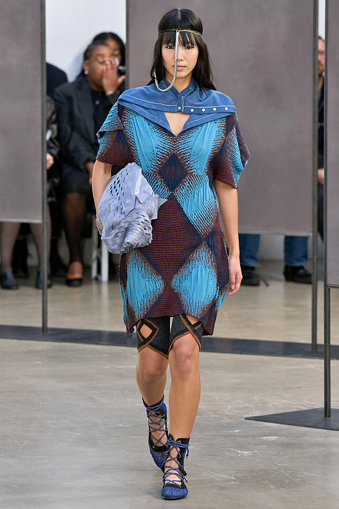 Kiko Kostadinov 2026 Spring Summer Womens at Paris - diamond knits, patchwork, cutouts, gladiator flats, pyramid hood, bricolage