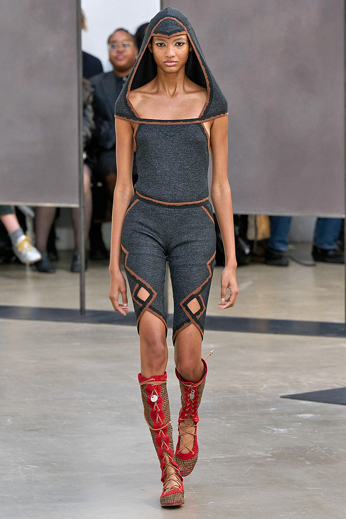 Kiko Kostadinov 2026 Spring Summer Womens at Paris - diamond knits, patchwork, cutouts, gladiator flats, pyramid hood, bricolage