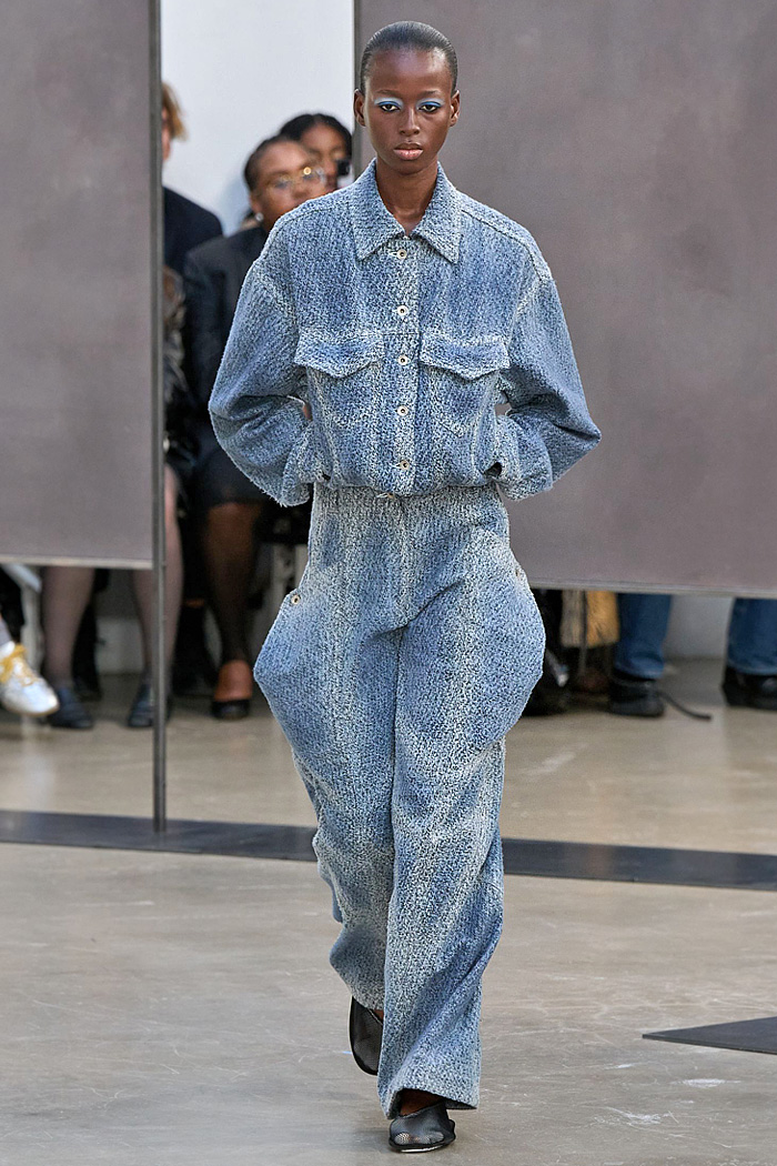 Kiko Kostadinov 2026 Spring Summer Womens at Paris - diamond knits, patchwork, cutouts, gladiator flats, pyramid hood, bricolage