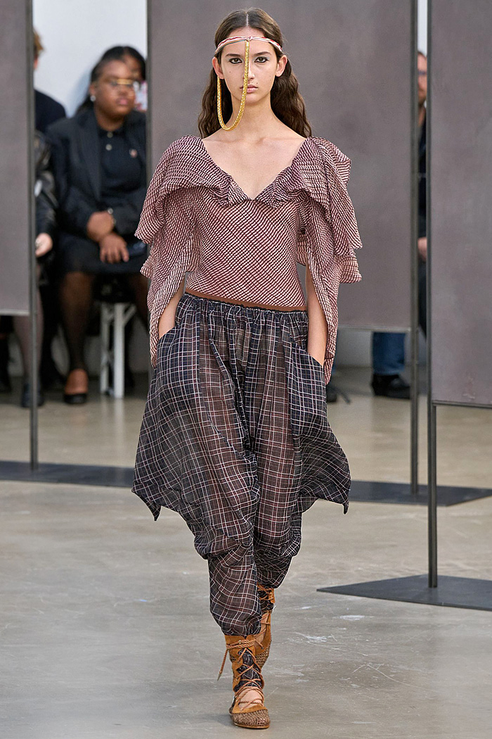 Kiko Kostadinov 2026 Spring Summer Womens at Paris - diamond knits, patchwork, cutouts, gladiator flats, pyramid hood, bricolage