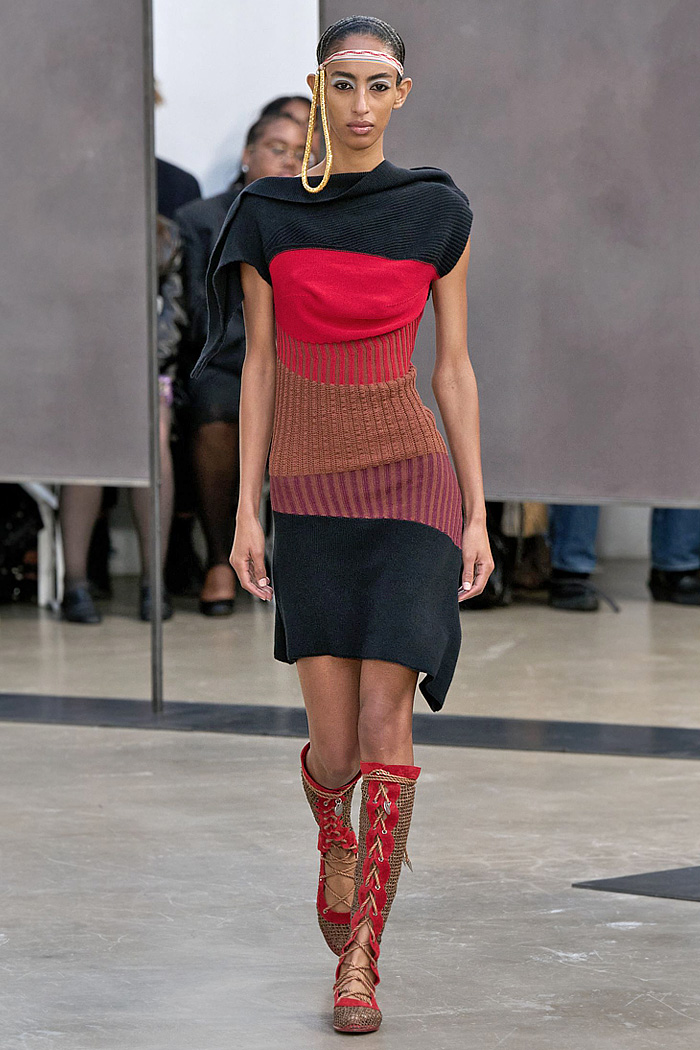 Kiko Kostadinov 2026 Spring Summer Womens at Paris - diamond knits, patchwork, cutouts, gladiator flats, pyramid hood, bricolage