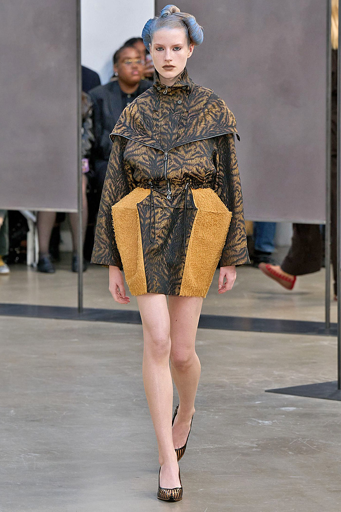 Kiko Kostadinov 2026 Spring Summer Womens at Paris - diamond knits, patchwork, cutouts, gladiator flats, pyramid hood, bricolage