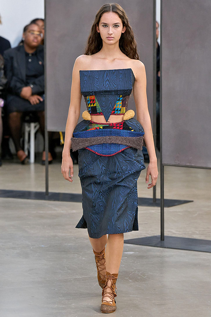 Kiko Kostadinov 2026 Spring Summer Womens at Paris - diamond knits, patchwork, cutouts, gladiator flats, pyramid hood, bricolage