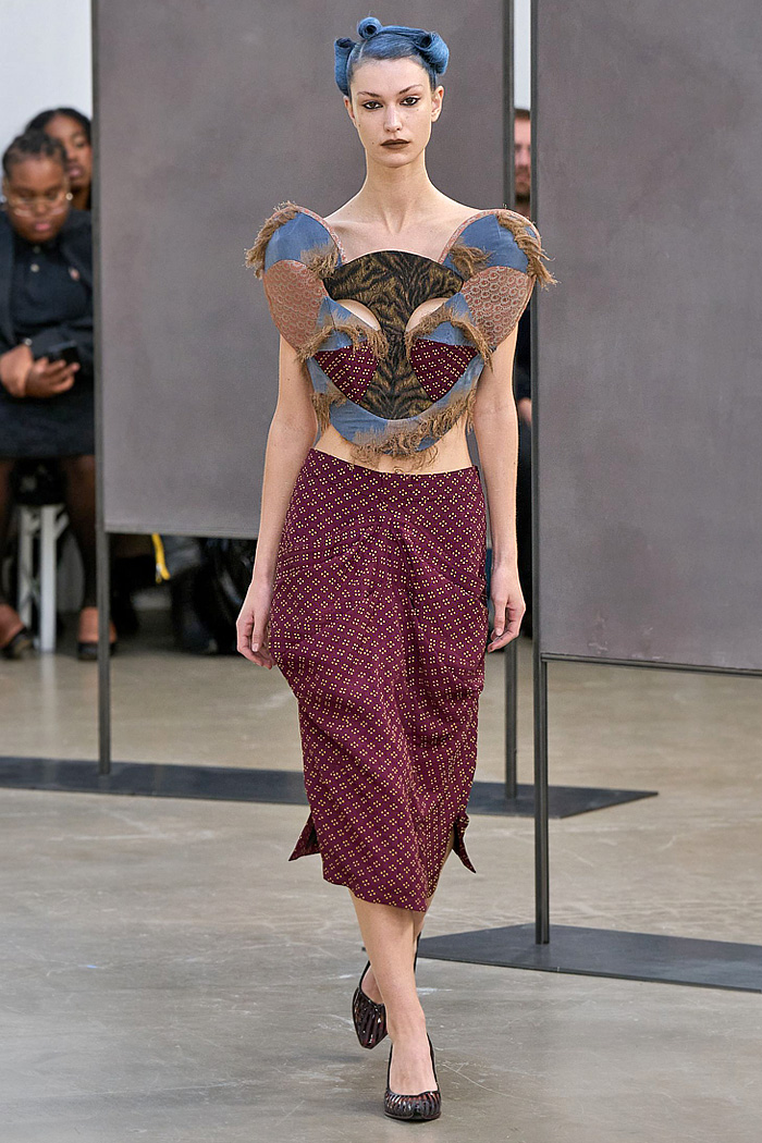 Kiko Kostadinov 2026 Spring Summer Womens at Paris - diamond knits, patchwork, cutouts, gladiator flats, pyramid hood, bricolage