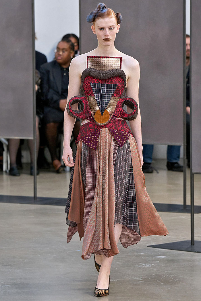 Kiko Kostadinov 2026 Spring Summer Womens at Paris - diamond knits, patchwork, cutouts, gladiator flats, pyramid hood, bricolage