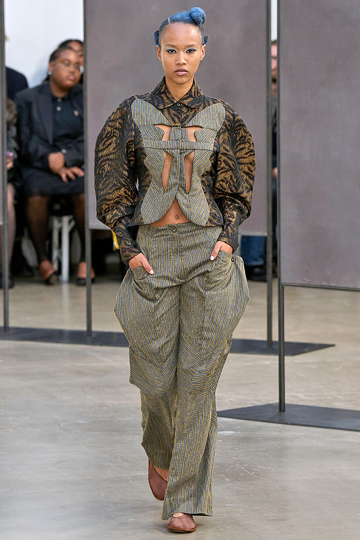 Kiko Kostadinov 2026 Spring Summer Womens at Paris - diamond knits, patchwork, cutouts, gladiator flats, pyramid hood, bricolage