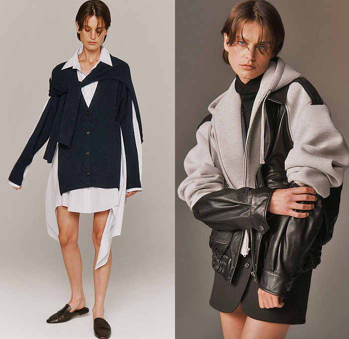 Monse 2026 Resort Cruise Pre-Spring Womens Lookbook - Denim Jeans Deconstructed Hybrid Vest Asymmetrical Knit Sweater Jumper Metal Studs Patchwork Cardigan Blouse Shirtdress Pinstripe Leather Sweatshirt Hoodie Harness Check Blazerdress Pockets Belts Straps Miniskirt Balloon Skirt Shorts Double Collar Suede Quilted Puffer Outerwear Jacket Zipper Slashed Wide Leg Baggy Loose Vest Draped Knot Tied Dress Velvet Flats Clogs Loafers