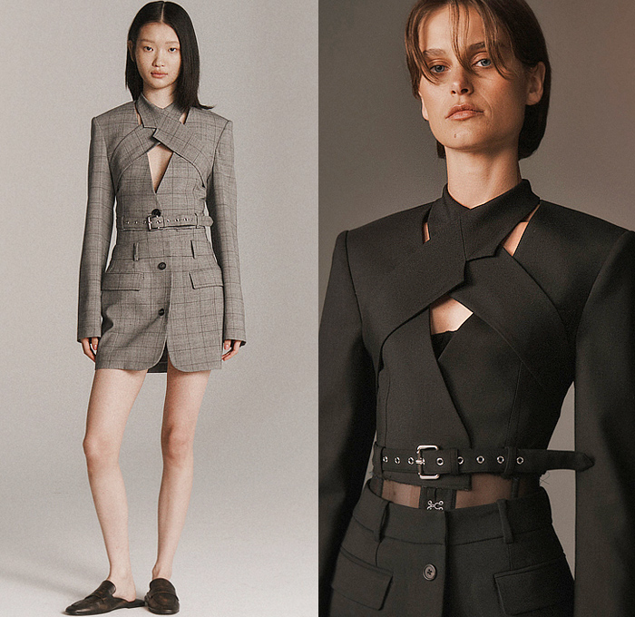 Monse 2026 Resort Cruise Pre-Spring Womens Lookbook - Denim Jeans Deconstructed Hybrid Vest Asymmetrical Knit Sweater Jumper Metal Studs Patchwork Cardigan Blouse Shirtdress Pinstripe Leather Sweatshirt Hoodie Harness Check Blazerdress Pockets Belts Straps Miniskirt Balloon Skirt Shorts Double Collar Suede Quilted Puffer Outerwear Jacket Zipper Slashed Wide Leg Baggy Loose Vest Draped Knot Tied Dress Velvet Flats Clogs Loafers