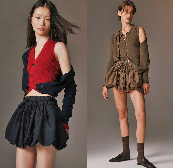 Monse 2026 Resort Cruise Pre-Spring Womens Lookbook - Denim Jeans Deconstructed Hybrid Vest Asymmetrical Knit Sweater Jumper Metal Studs Patchwork Cardigan Blouse Shirtdress Pinstripe Leather Sweatshirt Hoodie Harness Check Blazerdress Pockets Belts Straps Miniskirt Balloon Skirt Shorts Double Collar Suede Quilted Puffer Outerwear Jacket Zipper Slashed Wide Leg Baggy Loose Vest Draped Knot Tied Dress Velvet Flats Clogs Loafers