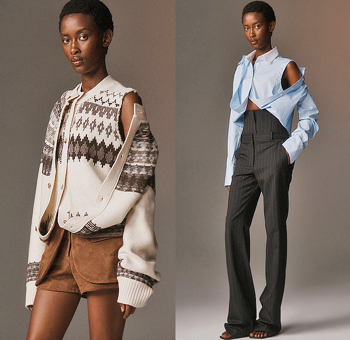 Monse 2026 Resort Cruise Pre-Spring Womens Lookbook - Denim Jeans Deconstructed Hybrid Vest Asymmetrical Knit Sweater Jumper Metal Studs Patchwork Cardigan Blouse Shirtdress Pinstripe Leather Sweatshirt Hoodie Harness Check Blazerdress Pockets Belts Straps Miniskirt Balloon Skirt Shorts Double Collar Suede Quilted Puffer Outerwear Jacket Zipper Slashed Wide Leg Baggy Loose Vest Draped Knot Tied Dress Velvet Flats Clogs Loafers