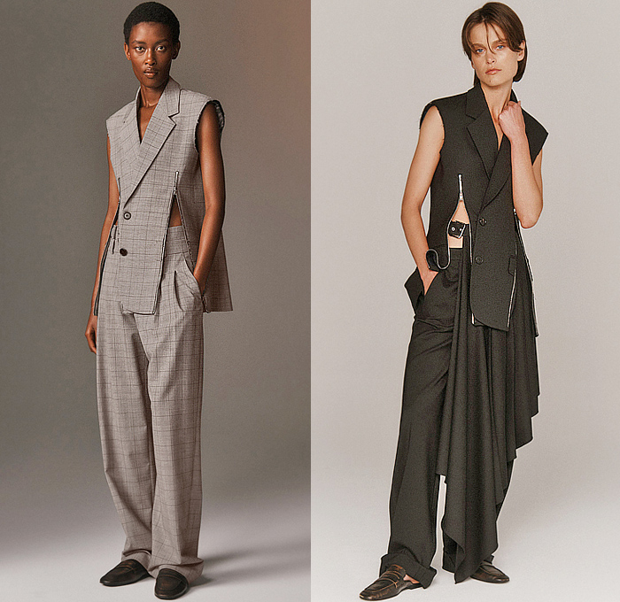 Monse 2026 Resort Cruise Pre-Spring Womens Lookbook - Denim Jeans Deconstructed Hybrid Vest Asymmetrical Knit Sweater Jumper Metal Studs Patchwork Cardigan Blouse Shirtdress Pinstripe Leather Sweatshirt Hoodie Harness Check Blazerdress Pockets Belts Straps Miniskirt Balloon Skirt Shorts Double Collar Suede Quilted Puffer Outerwear Jacket Zipper Slashed Wide Leg Baggy Loose Vest Draped Knot Tied Dress Velvet Flats Clogs Loafers