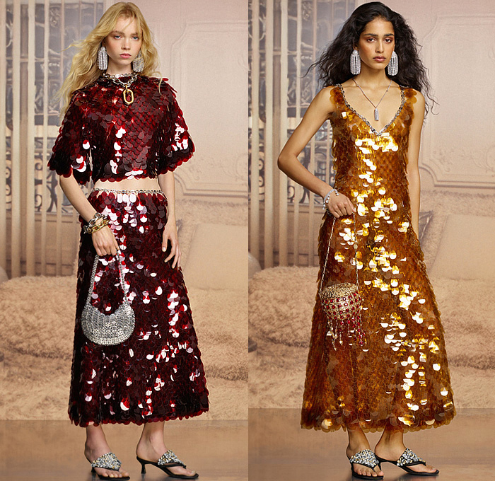 Rabanne 2026 Resort Cruise Pre-Spring Womens Lookbook - Bedazzled Sequins Paillettes Gems Jewels Crop Top Midriff Dress Chainmail Sheer Capelet Studs Pantsuit Blazer Chain Leather Bomber Field Jacket Trinkets Mesh Halterneck Cinch Pleats Metallic Panels High Slit Knit Check Plaid Outerwear Coat Fur Strap Flats Hat Cap