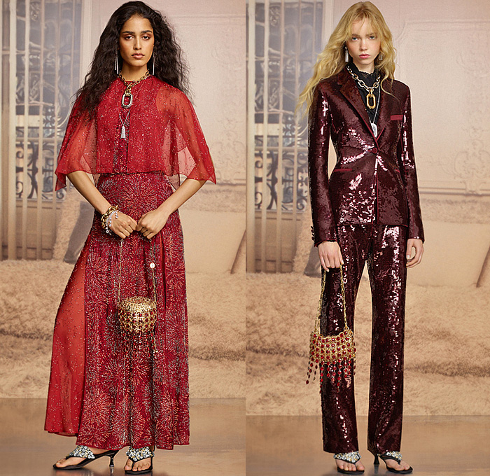 Rabanne 2026 Resort Cruise Pre-Spring Womens Lookbook - Bedazzled Sequins Paillettes Gems Jewels Crop Top Midriff Dress Chainmail Sheer Capelet Studs Pantsuit Blazer Chain Leather Bomber Field Jacket Trinkets Mesh Halterneck Cinch Pleats Metallic Panels High Slit Knit Check Plaid Outerwear Coat Fur Strap Flats Hat Cap