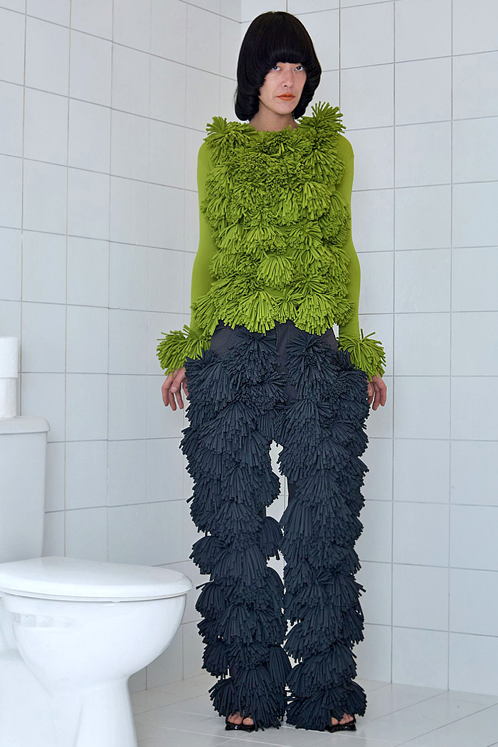 Paula Canovas Del Vas 2026 Spring Summer Womens at PFW with flowers, denim jeans, knit, halterneck, miniskirt, stripes, pompoms