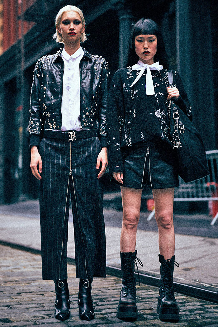 R13 2026 Resort Womens Looks with urban grunge style, hearts, fishnets, pinstripes, studs, babydoll dresses, and hybrid skirtpants