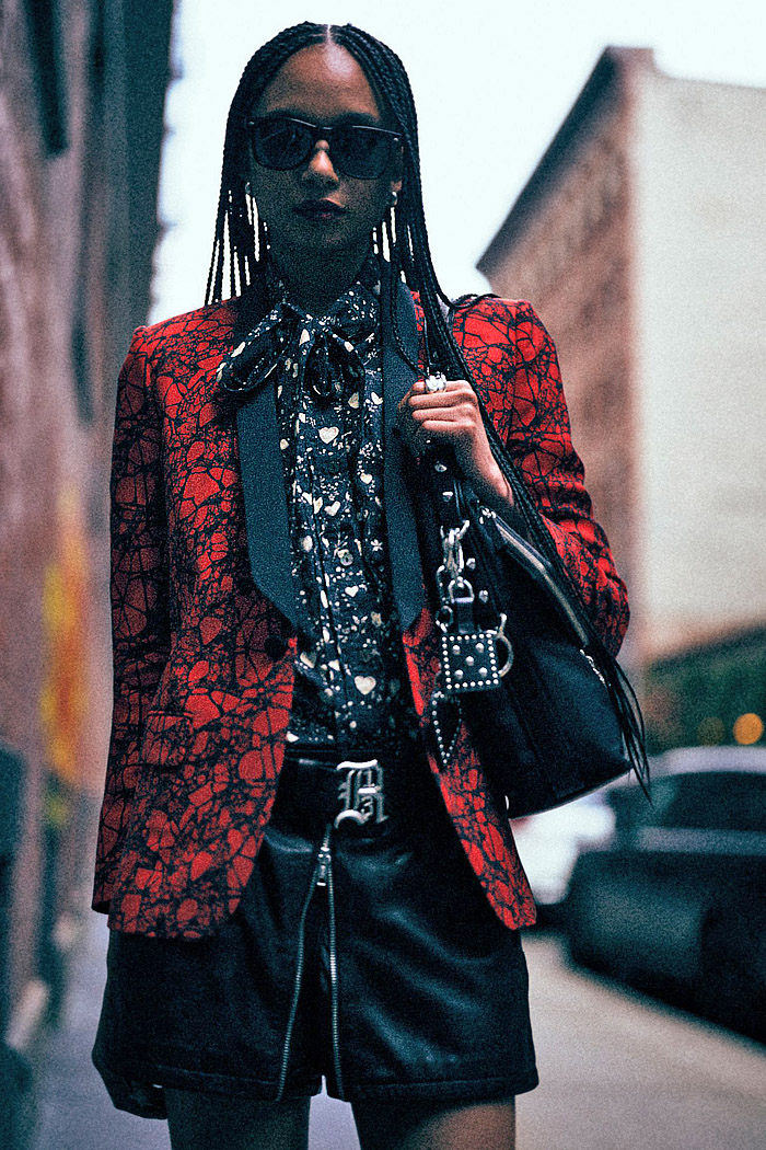 R13 2026 Resort Womens Looks with urban grunge style, hearts, fishnets, pinstripes, studs, babydoll dresses, and hybrid skirtpants