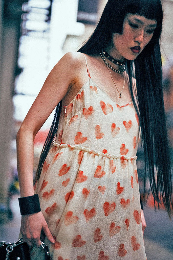 R13 2026 Resort Womens Looks with urban grunge style, hearts, fishnets, pinstripes, studs, babydoll dresses, and hybrid skirtpants